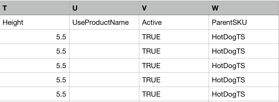Sample CSV file with ParentSKU column filled in with HotDogTS for 5 rows.