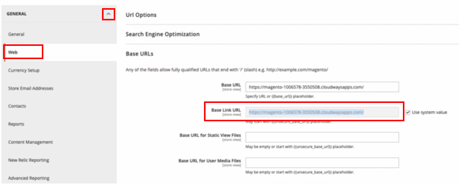 Auf der Magento-Administratorkonsole ist „Allgemein > Web“ geöffnet und die Basislink-URL ist ausgewählt.
