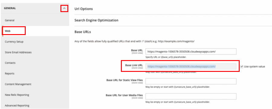 The Magento admin console is open to General > Web and the Base Link URL is selected.