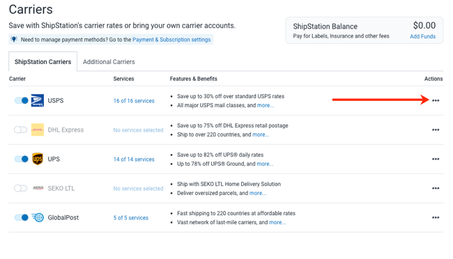 Carriers settings for ShipStation Carriers USPS, arrow points to Action menu