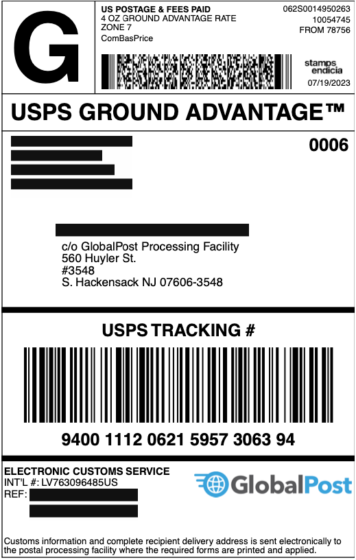Global Advantage Program Example Label example with domestic address and scannable barcode