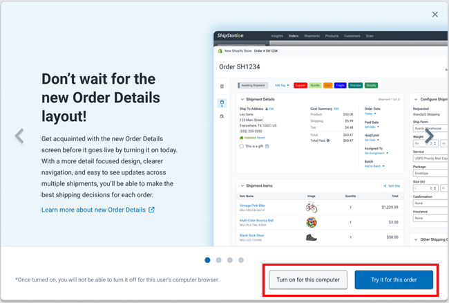 Pop-up notification for the new order details with the Turn On and Try for this Order options highlighted