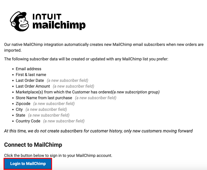 Página de conexión de MailChimp con el botón "Iniciar sesión en MailChimp" resaltado.