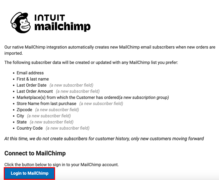 MailChimp connection page with Login to MailChimp button highlighted.