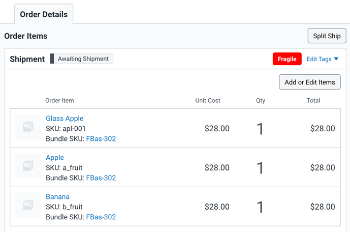 Order Items listing component items of a bundled product.