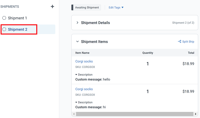 The new shipment, shipment 2 of 2, is shown on Order Details.