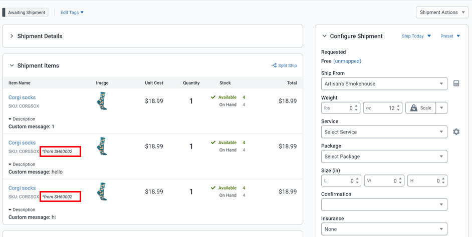 Combine Shipments Details pop-up, with the Order numbers of the combined shipment highlighted