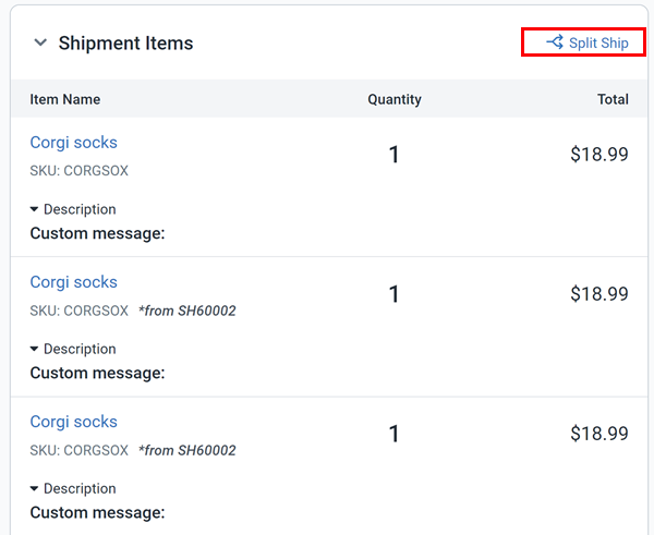 The Split Ship link is highlighted on the order details screen.