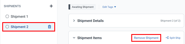The shipments is selected on the order details screen and the remove shipment button is highlighted.