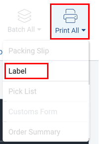 The print all button is expanded and the print > label option is highlighted.