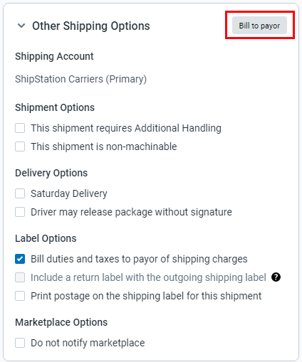 La opción Facturar al pagador se muestra en el encabezado de la sección de otras opciones de envío.