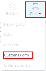 El botón Imprimir está seleccionado en la pantalla Detalles del pedido. La opción de formulario de aduana está resaltada.