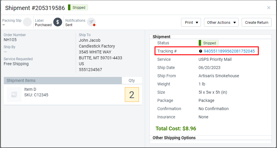 Shipment Details screen highlighting the tracking number.