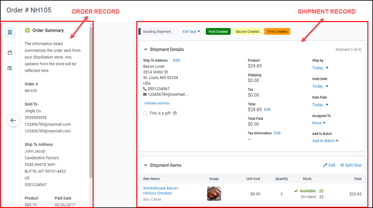 The order details screen is open and order record verses shipment records are highlighted.