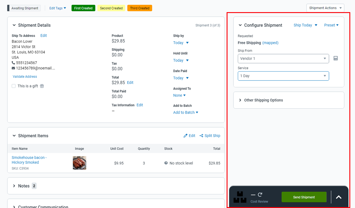 A vendor is selected as the ship from. The fulfillment record is displayed on the Order Details screen.