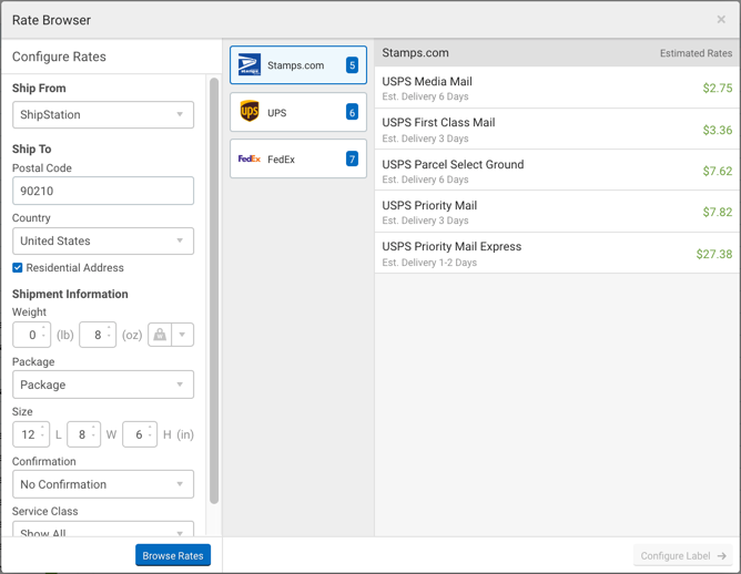 Rate Browser pop-up from the ToolBar. Shows sample rates information for Stamps.com