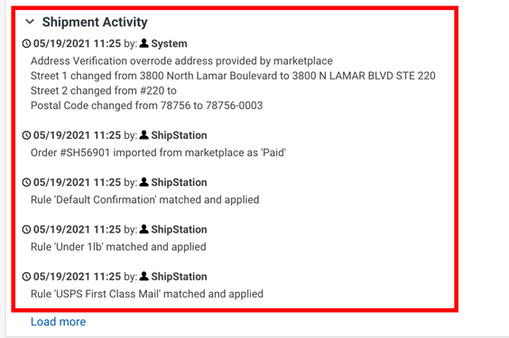 Actividad de envío expandida en el panel Envío de la ventana Detalles del pedido con la sección Actividad de envío resaltada.