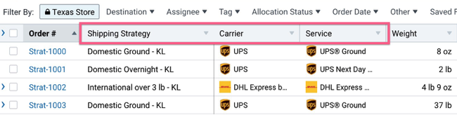 Orders grid showing the Shipping Strategy, Carrier, and Services columns