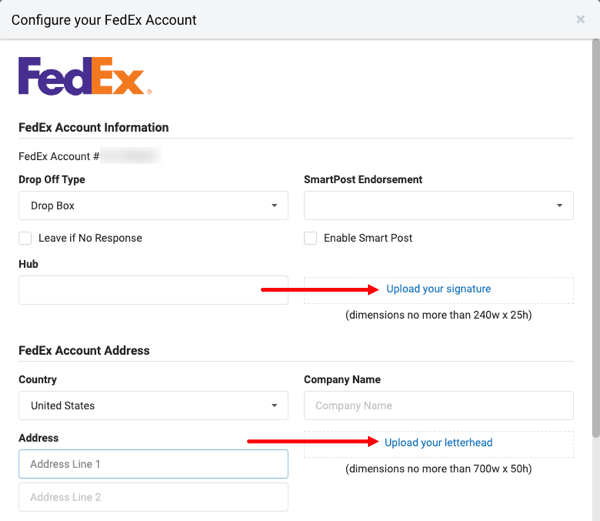 Ventana emergente de configuración de FedEx con las opciones Cargar firma y Cargar membrete resaltadas