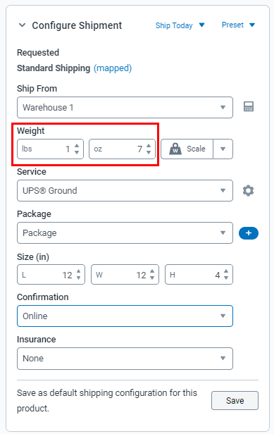 Weight fields in Configure Shipment widget set to 1 lb and 3 oz.