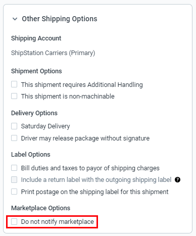Barra lateral de envíos V3 con la opción Otras opciones de envío, No notificar al marketplace resaltado.