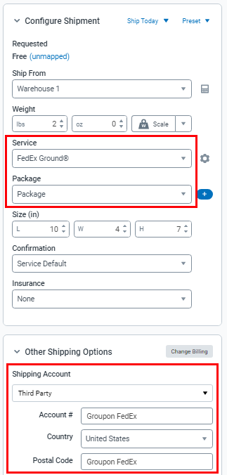 The configure shipment panel is configured with FedEx Ground Package and third party billing options filled in for groupon FedEx.