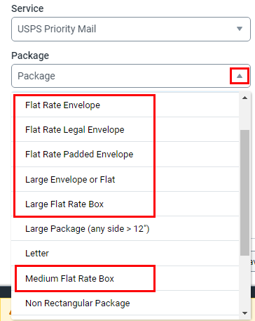 The packages drop-down is expanded and all of the flat rate package options are highlighted.