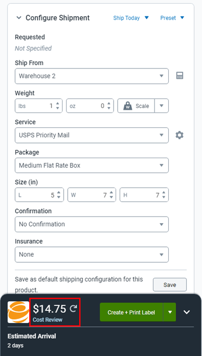 The rate card on the order details screen shows the rate for USPS Priority Mail Medium Flat Rate box.