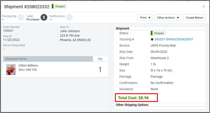 V3 Shipment Details with arrow pointing to carrier fee.