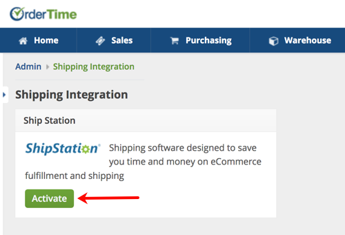 Integración de envíos de Order Time con ShipStation con la flecha apuntando al botón Activar.