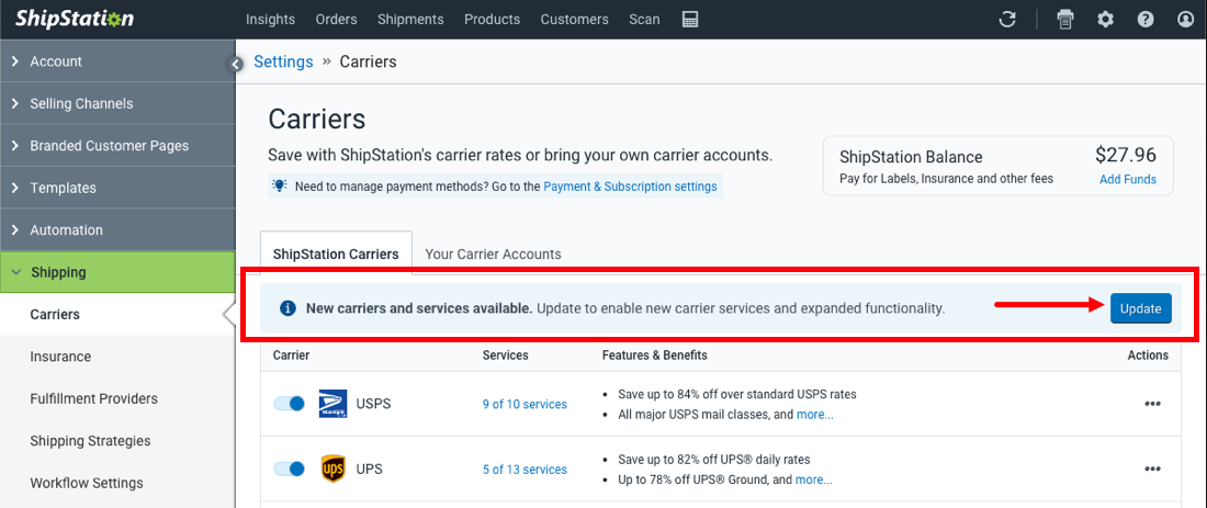 ShipStation Carriers settings showing a notification banner for new services and the Update button selected