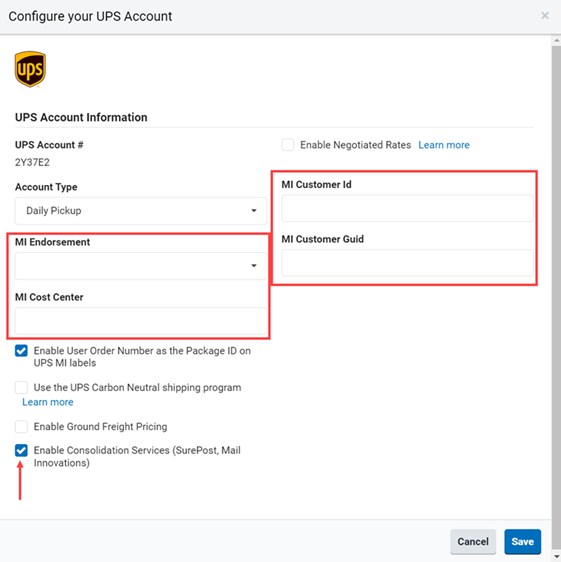 UPS settings form with Consolidation service options highlighted.