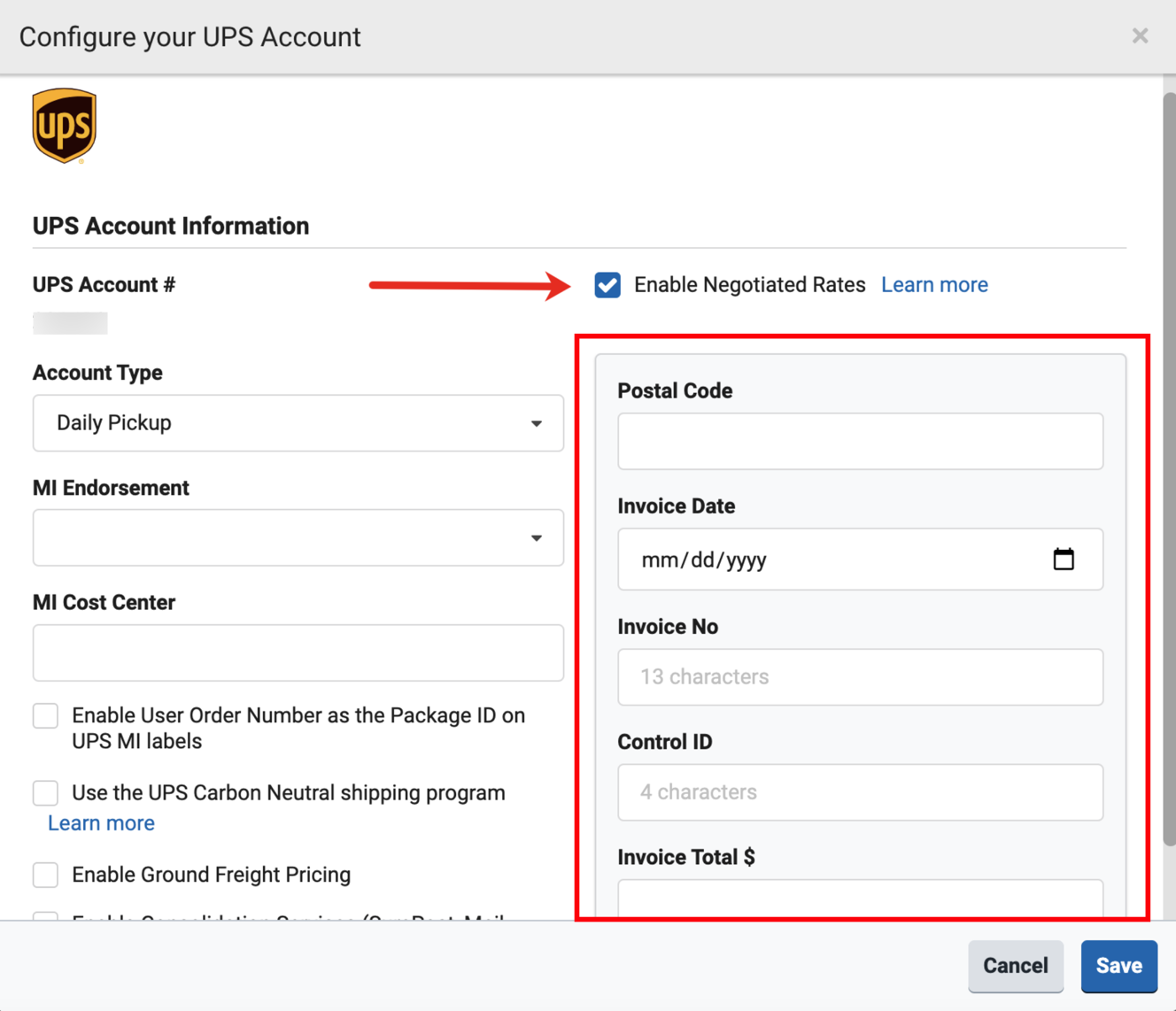 UPS settings pop-up Select Enable negotiated rates option.