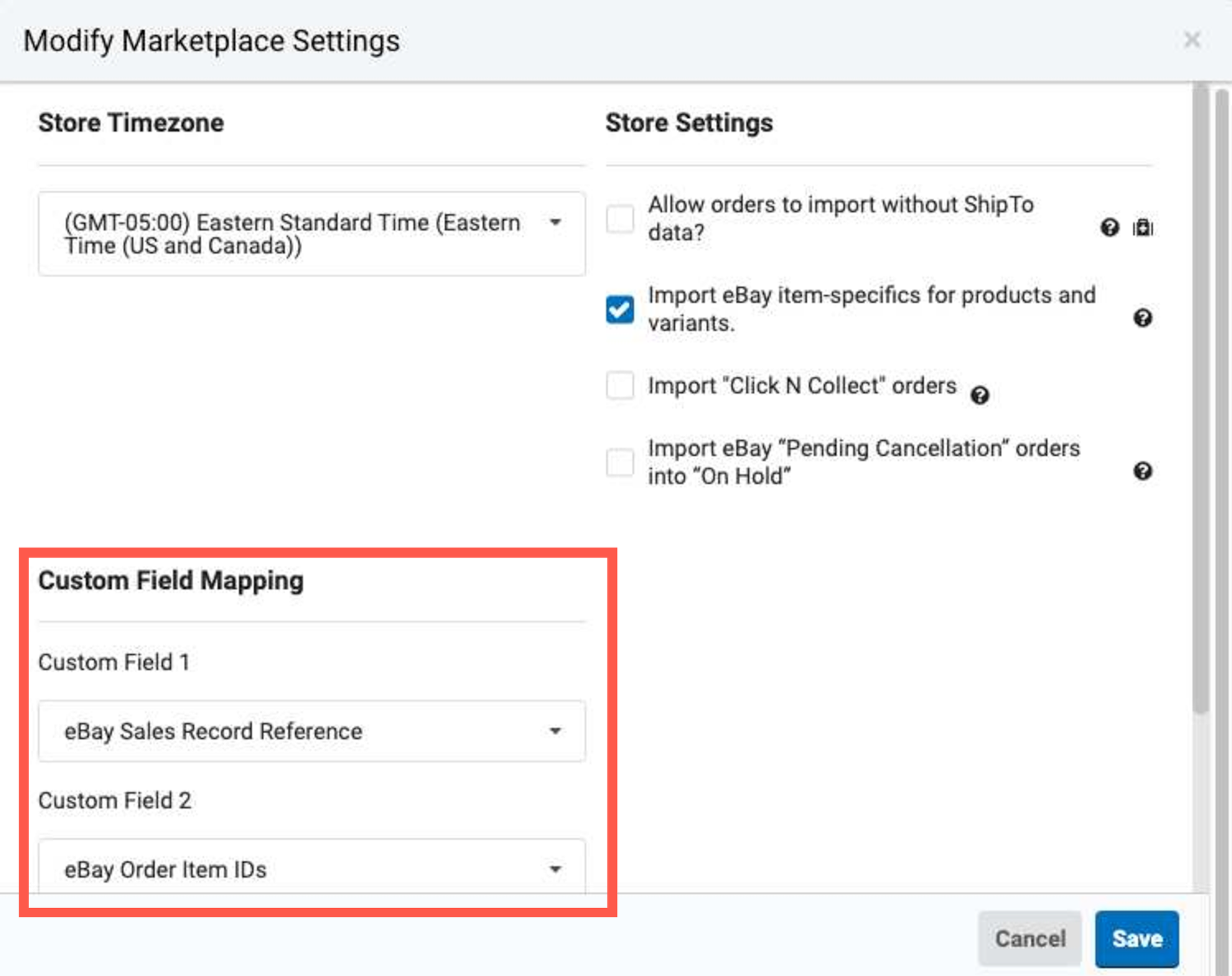 eBay edit store settings popup with custom fields highlighted