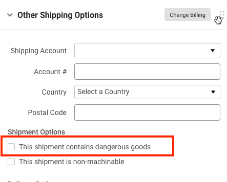 Otras opciones de envío con la opción Este envío contiene mercancías peligrosas resaltadas.