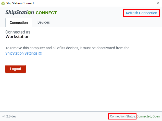 El enlace de actualización de conexión se resalta en la aplicación ShipStation Connect. El indicador de estado de conexión también se destaca.