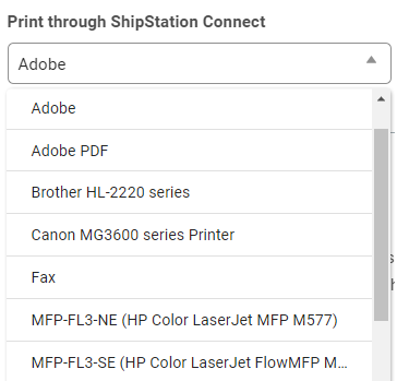 Abre el menú desplegable "Imprimir a través de ShipStation Connect" de las impresoras disponibles.