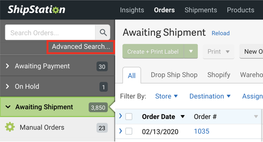 Orders tab with the Advanced Search option highlighted