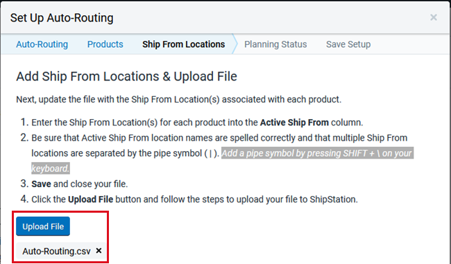 The selected CSV file and the upload file button is highlighted in the auto-routing setup wizard.