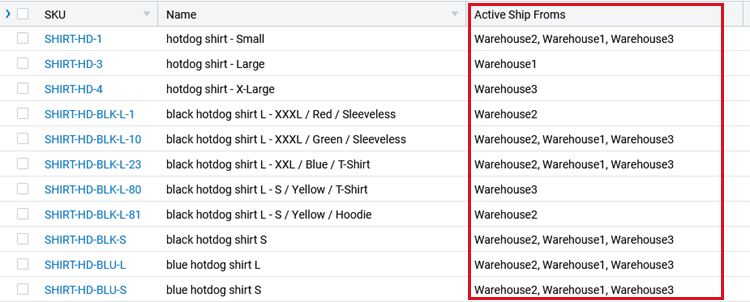 Products are listed on the Products page and the active ship froms column is highlighted.