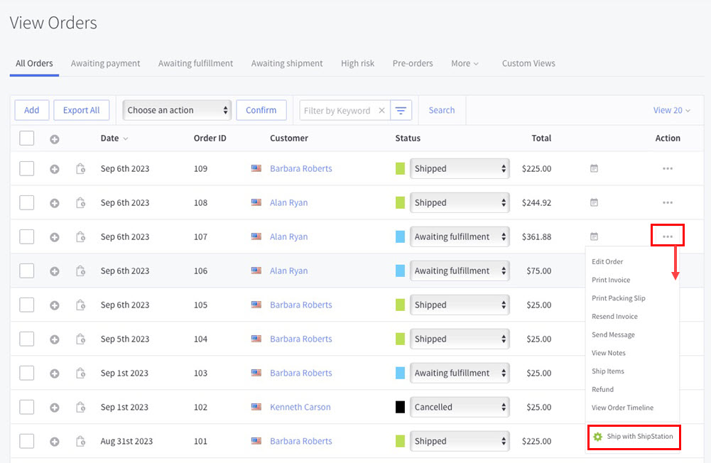 Expand the Action menu and select Ship with ShipStation.