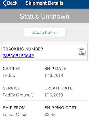 Detalles del envío en Mobile con el número de seguimiento resaltado.