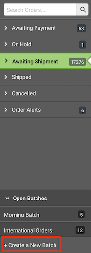 V3 Order tab left-hand sidebar, red box highlights the Create a New Batch