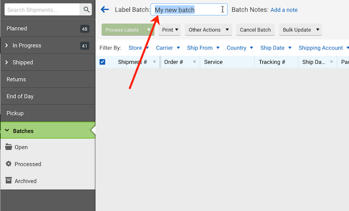 Batch details screen. Red arrow points to Batch number and/or Batch name field. Entered field name reads, My New batch.