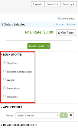 Red box highlights options in Bulk Update dropdown in Shipping Sidebar