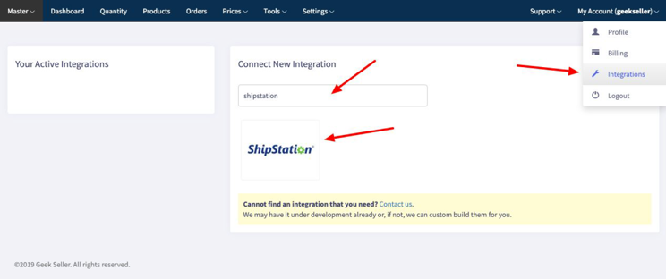 Menu des extensions Geekseller avec ShipStation encadré en rouge.
