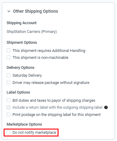 V3 shipping sidebar with the Other Shipping Options, Do not notify marketplace option highlighted.