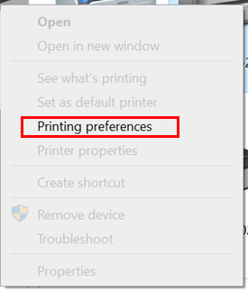 La Preferencias de impresión están resaltadas en el menú contextual de Windows.