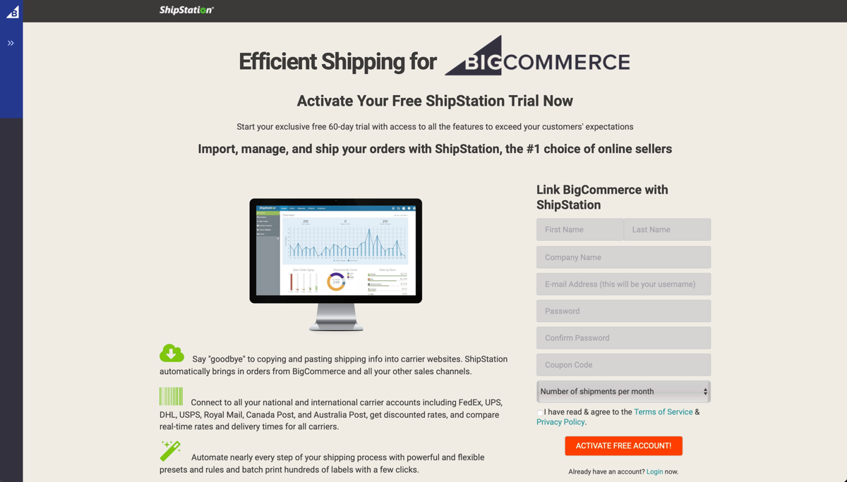 Page de connexion de ShipStation ouverte dans BigCommerce