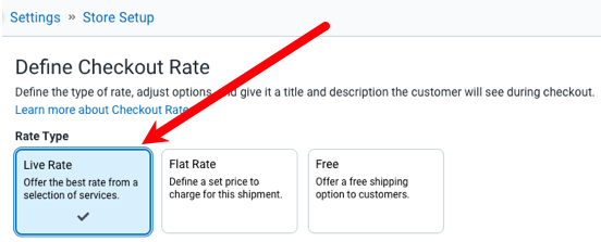 The Define Checkout Rate page shows the Live Rate option selected under the Rate Type.